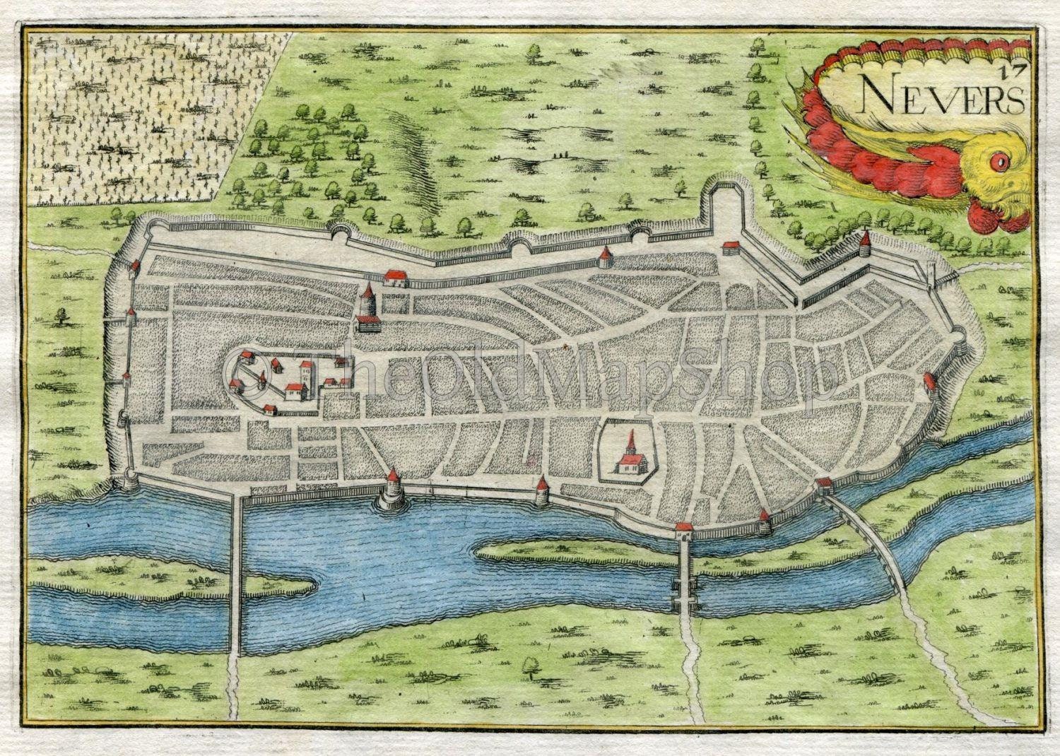 1634 Nicolas Tassin Antique Map Nevers, Fort, Fortified Town Plan, Nievre, Bourgogne-Franche-Comte, France Carte, Print