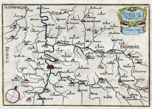 1634 Nicolas Tassin Antique Map Paris, Carte de L'Isle de France, Melun, Compiegne, Noyon, Senlis, Soissons, Beauvais, Creil, Print
