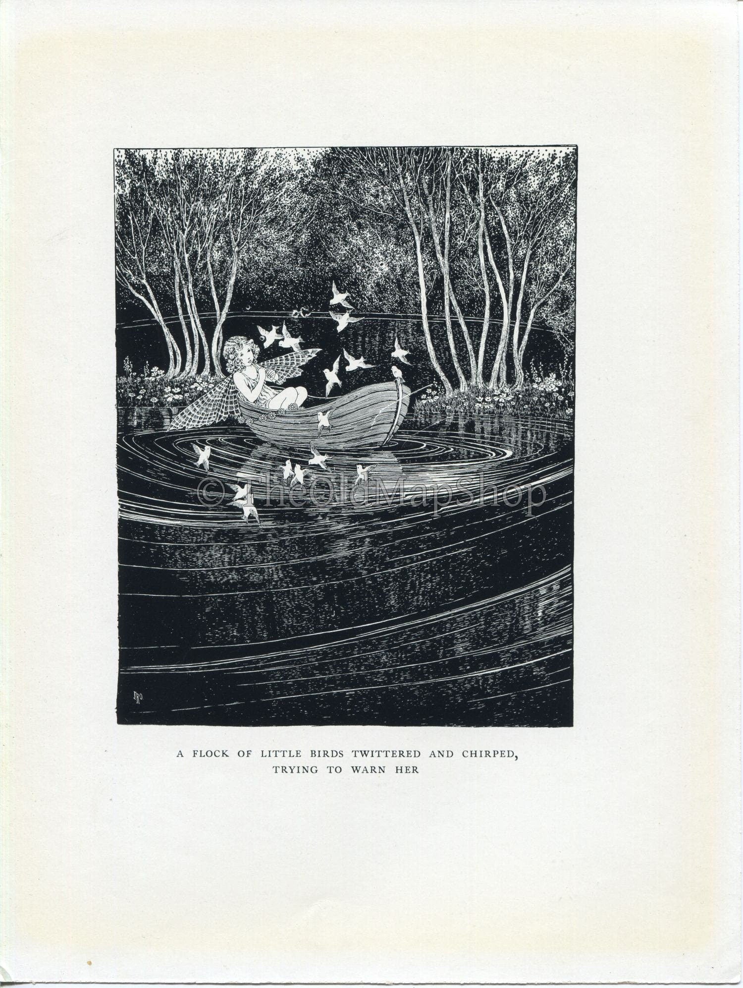 1929 Ida Rentoul Outhwaite Vintage Fairy Print (A Flock of Little Birds Twittering and Chirping Trying..) Book Plate The Little Fairy Sister