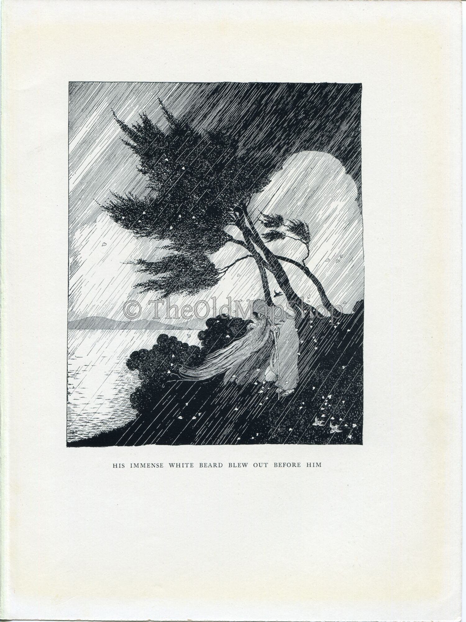 1929 Ida Rentoul Outhwaite Vintage Fairy Print (His Immense White beard Blew out Before him.) Antique Book Plate The Little Fairy Sister