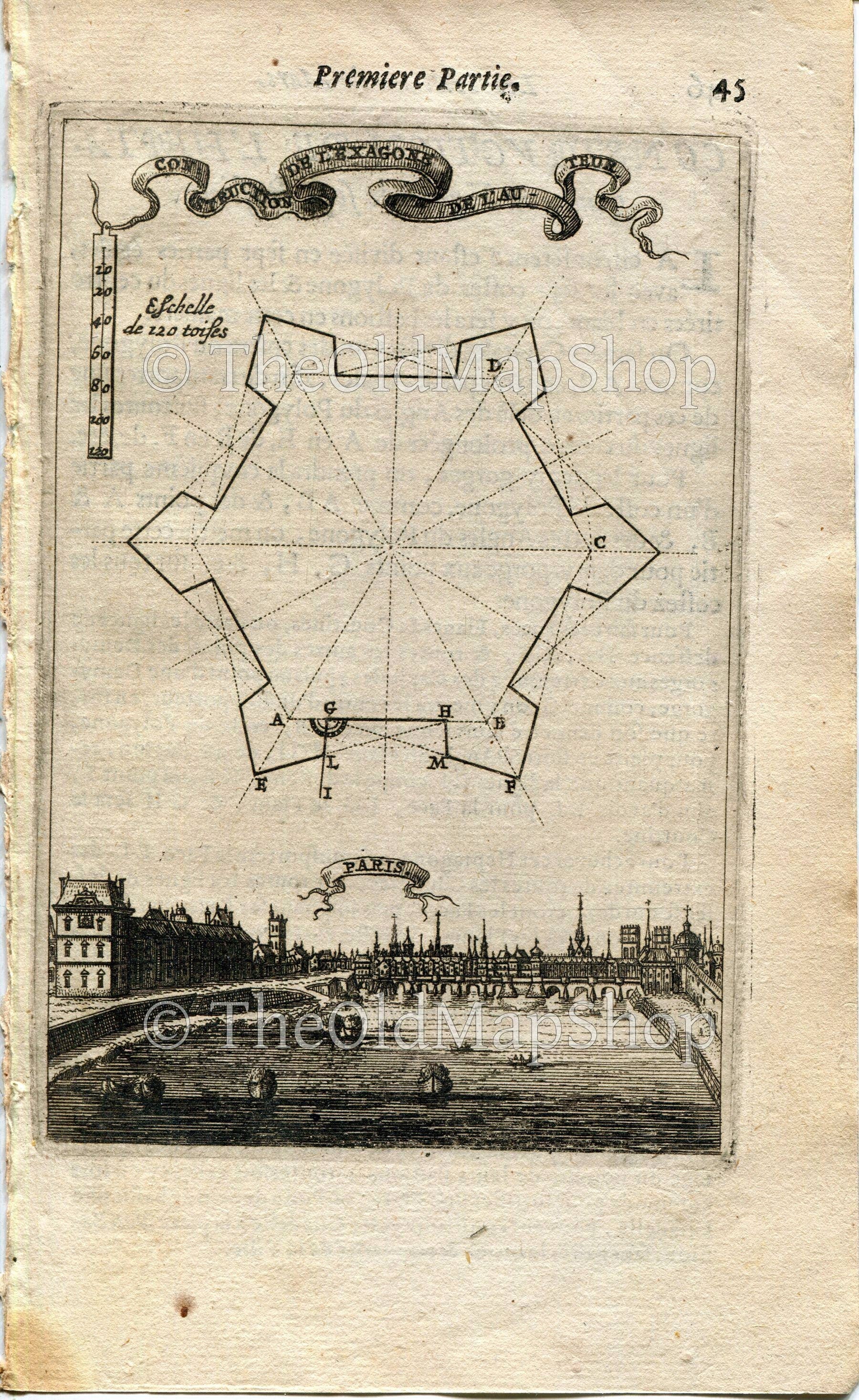 Paris, France Antique Print, 1672 Manesson Mallet "Les Travaux De Mars" Engraving, Bird's-eye, Perspective View, River Seine