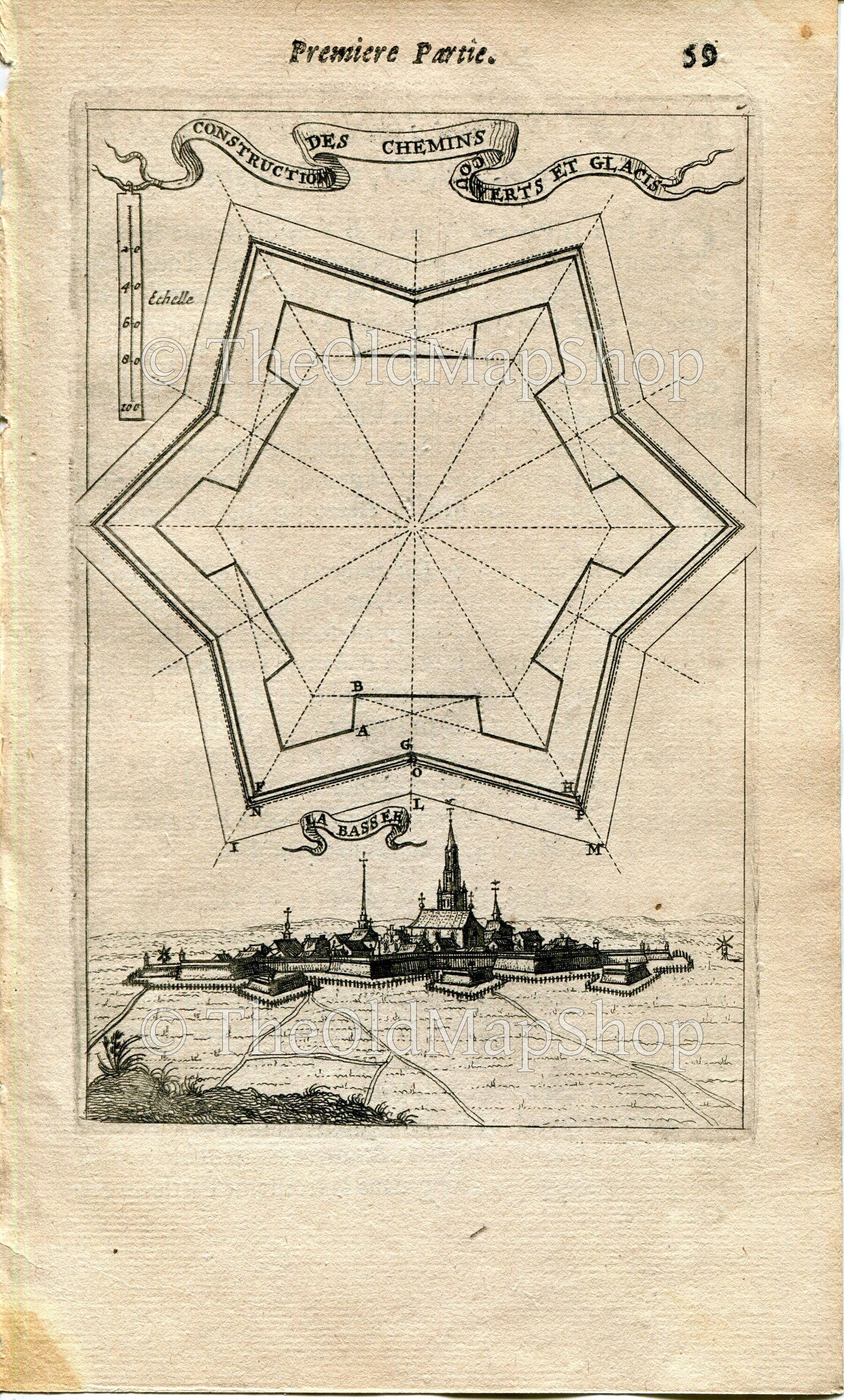 La Bassée, France, La Bassee Antique Print, 1672 Manesson Mallet "Les Travaux De Mars" Engraving, Bird's-eye, Perspective View