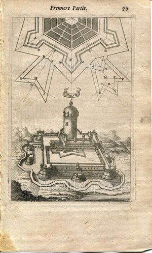 Fort de Salses, Catalan Fortress, France Antique Print, 1672 Manesson Mallet "Les Travaux De Mars" Engraving, Bird's-eye, Perspective View