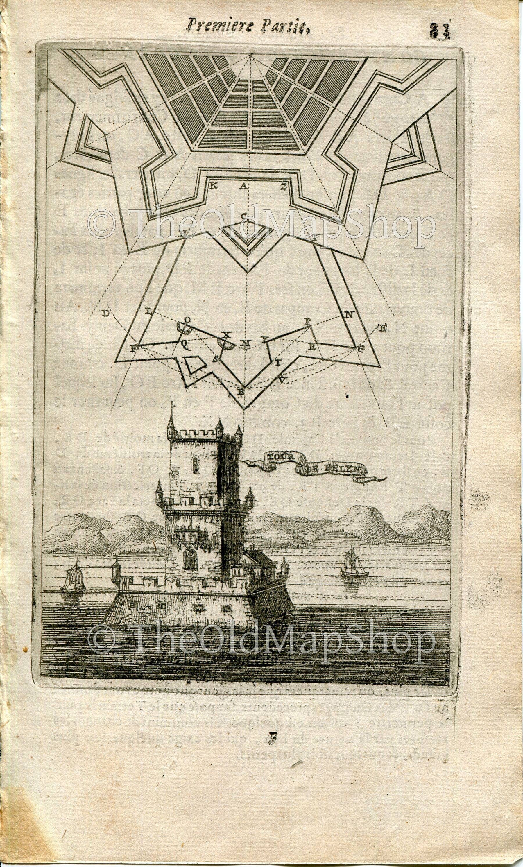 Belém Tower, Lisbon, Portugal Antique Print, 1672 Manesson Mallet "Les Travaux De Mars" Engraving, View