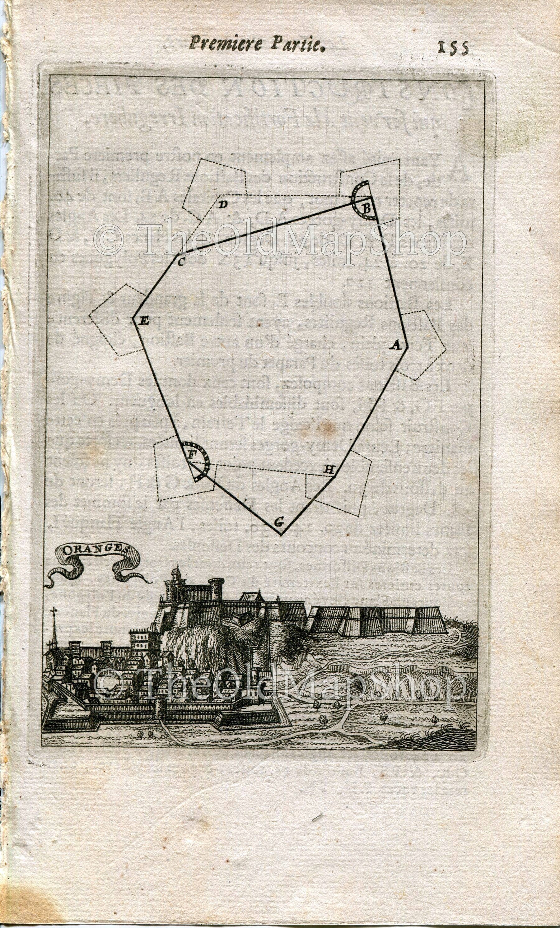 Orange, Vaucluse, France Antique Print, Map, 1672 Manesson Mallet "Les Travaux De Mars" Engraving, Bird's-eye, Perspective View