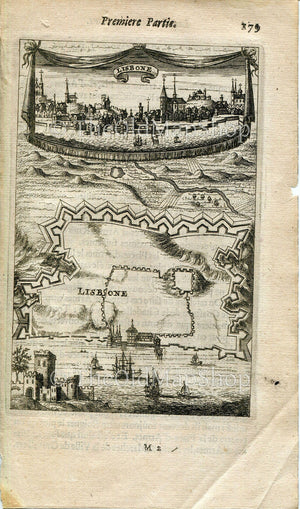 Lisbon, Lisboa, Portugal, Antique Print Map Fort Fortified Fortification Town Plan, 1672 Manesson Mallet "Les Travaux De Mars" Engraving