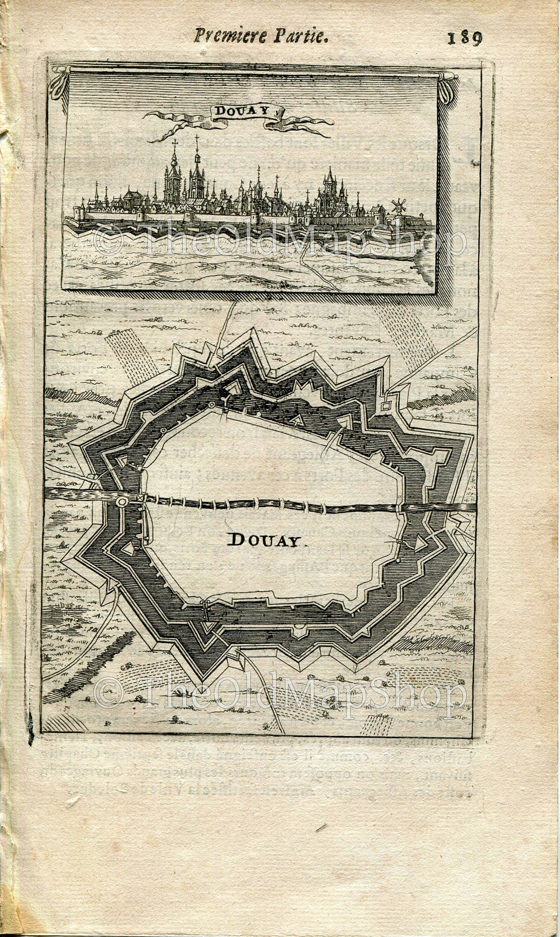 Douai, Nord, France Antique Print Map Fort Fortified Fortification Town Plan, 1672 Manesson Mallet "Les Travaux De Mars" Engraving