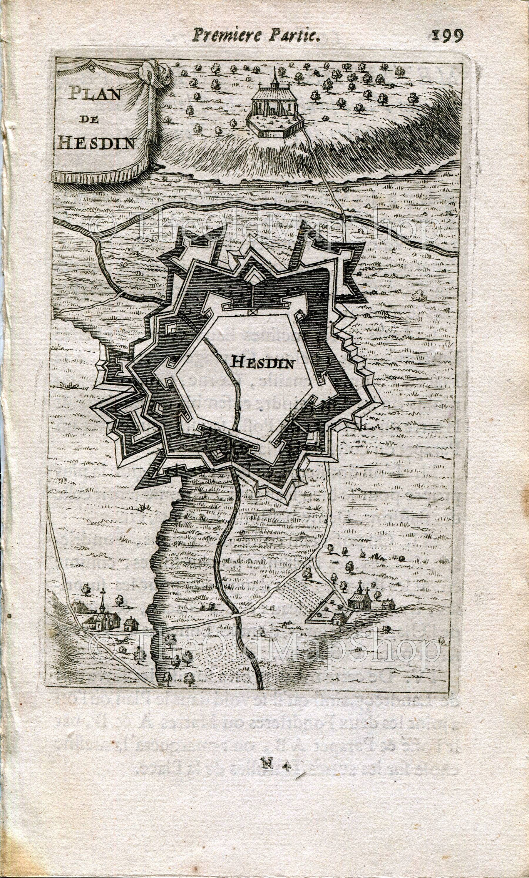 Hesdin, France Antique Print Map Fort Fortified Fortification Town Plan, 1672 Manesson Mallet "Les Travaux De Mars" Engraving