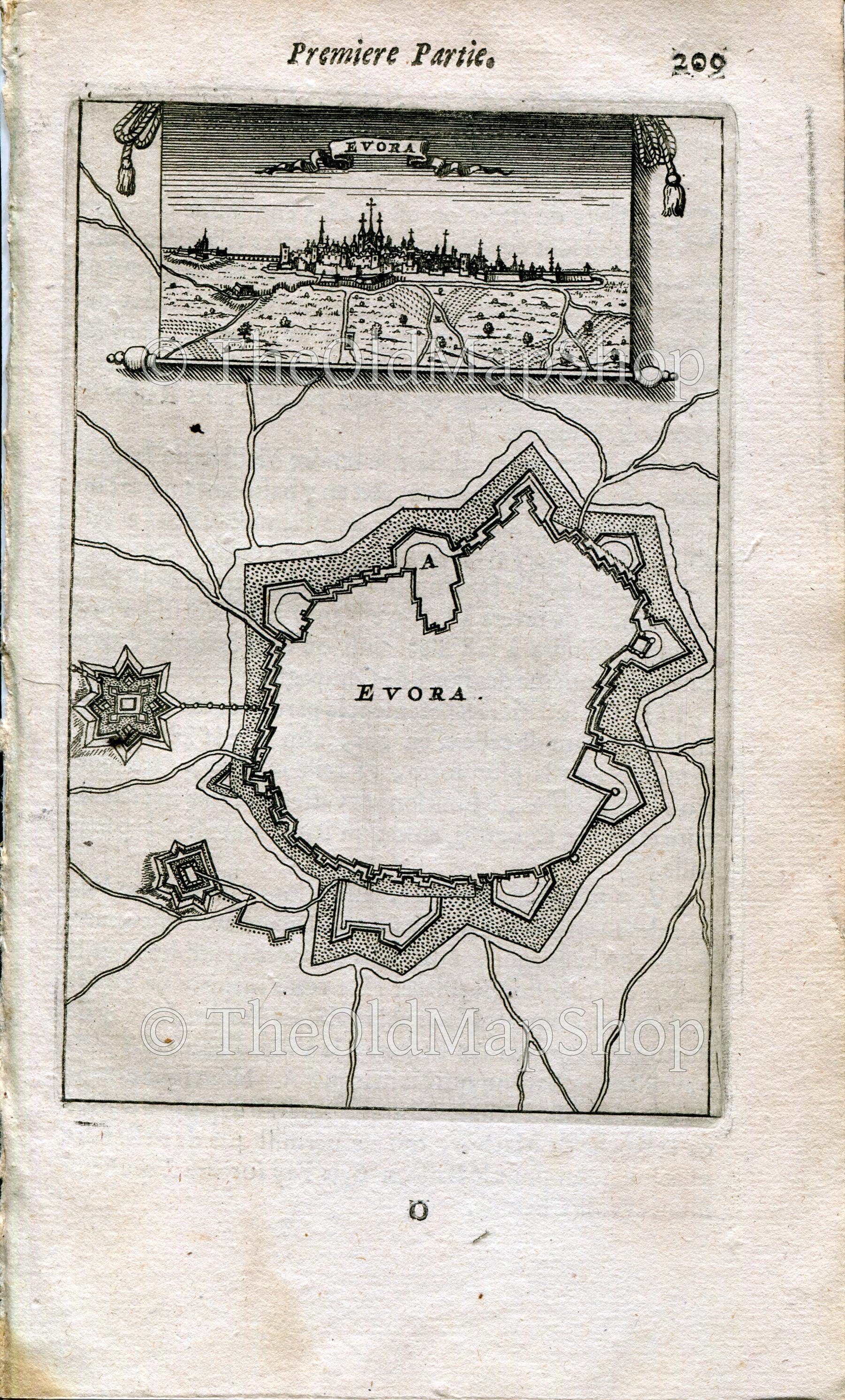 Evora, Portugal, Antique Print Map Fort Fortified Fortification Town Plan, 1672 Manesson Mallet "Les Travaux De Mars" Engraving