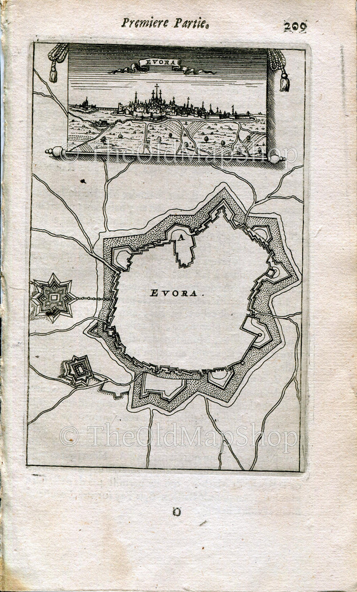 Evora, Portugal, Antique Print Map Fort Fortified Fortification Town Plan, 1672 Manesson Mallet "Les Travaux De Mars" Engraving