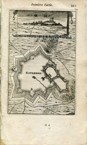 Estremoz, Portugal, Antique Print Map Fort Fortified Fortification Town Plan, 1672 Manesson Mallet "Les Travaux De Mars" Engraving