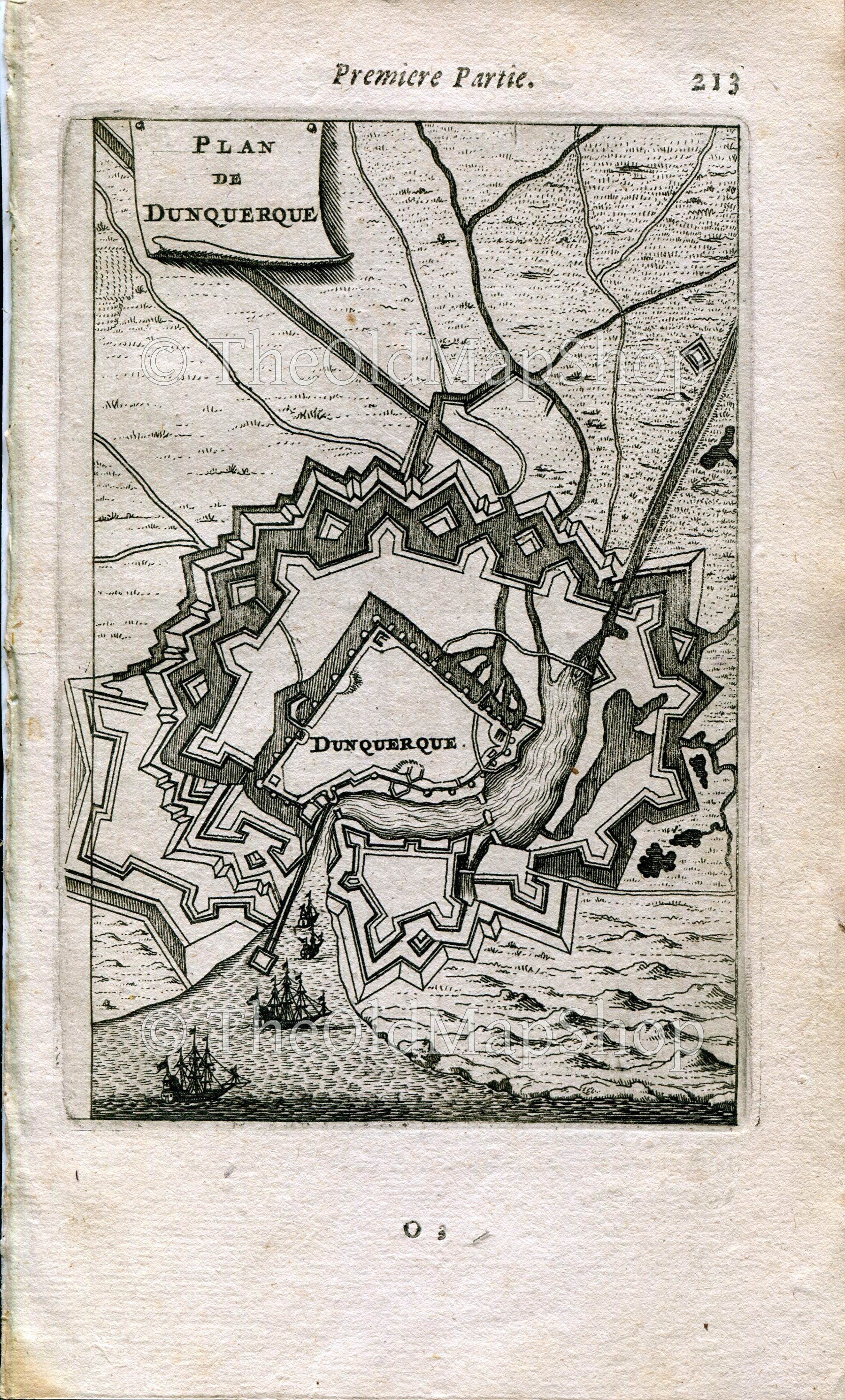 Dunkirk, France Antique Print Map Fort Fortified Fortification Town Plan, 1672 Manesson Mallet "Les Travaux De Mars" Engraving
