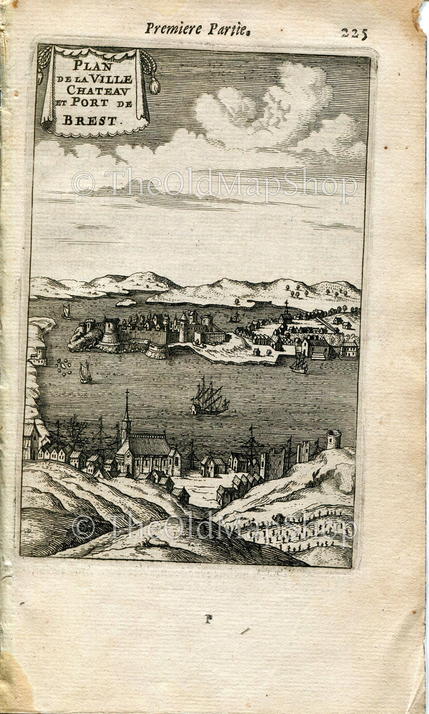 Brest, France Antique Print, Map, 1672 Manesson Mallet "Les Travaux De Mars" Engraving, Bird's-eye, Perspective View