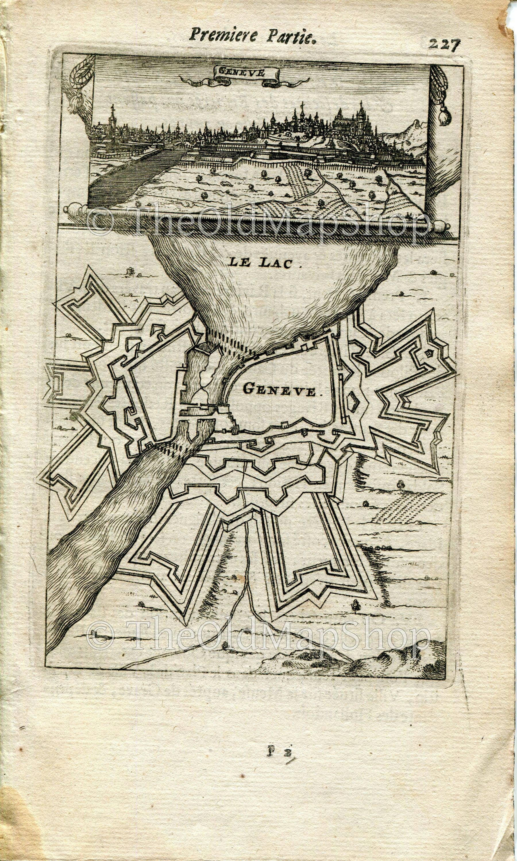 Geneva, Switzerland, Antique Print Map Fort Fortified Fortification Town Plan, 1672 Manesson Mallet "Les Travaux De Mars" Engraving