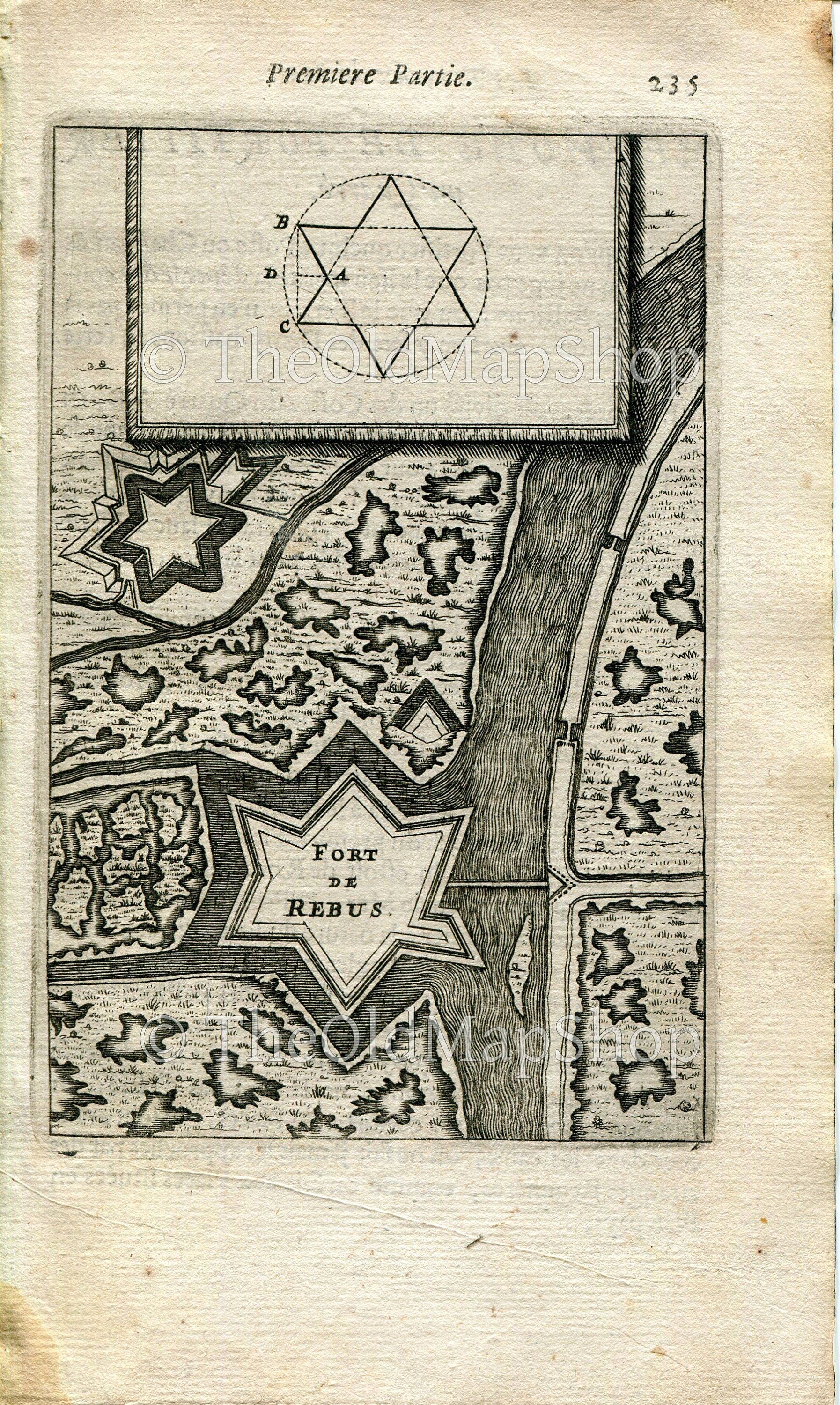 Fort Rebus, Belgium, Antique Print Map Fort Fortified Fortification Town Plan, 1672 Manesson Mallet "Les Travaux De Mars" Engraving