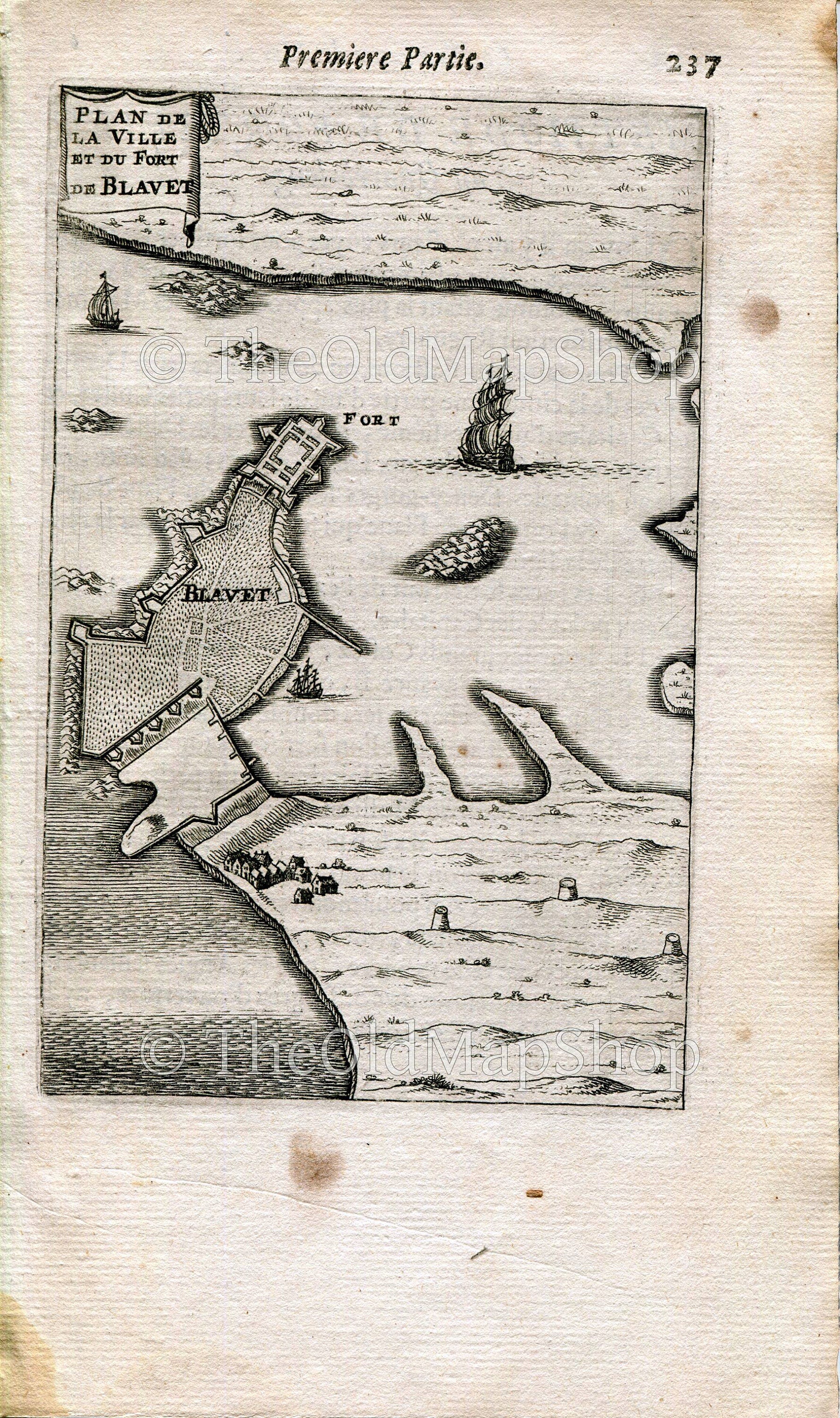 Blavet, Port-Louis, Morbihan, France, Antique Print Map Fort Fortified Fortification Town Plan, 1672 Manesson Mallet "Les Travaux De Mars"