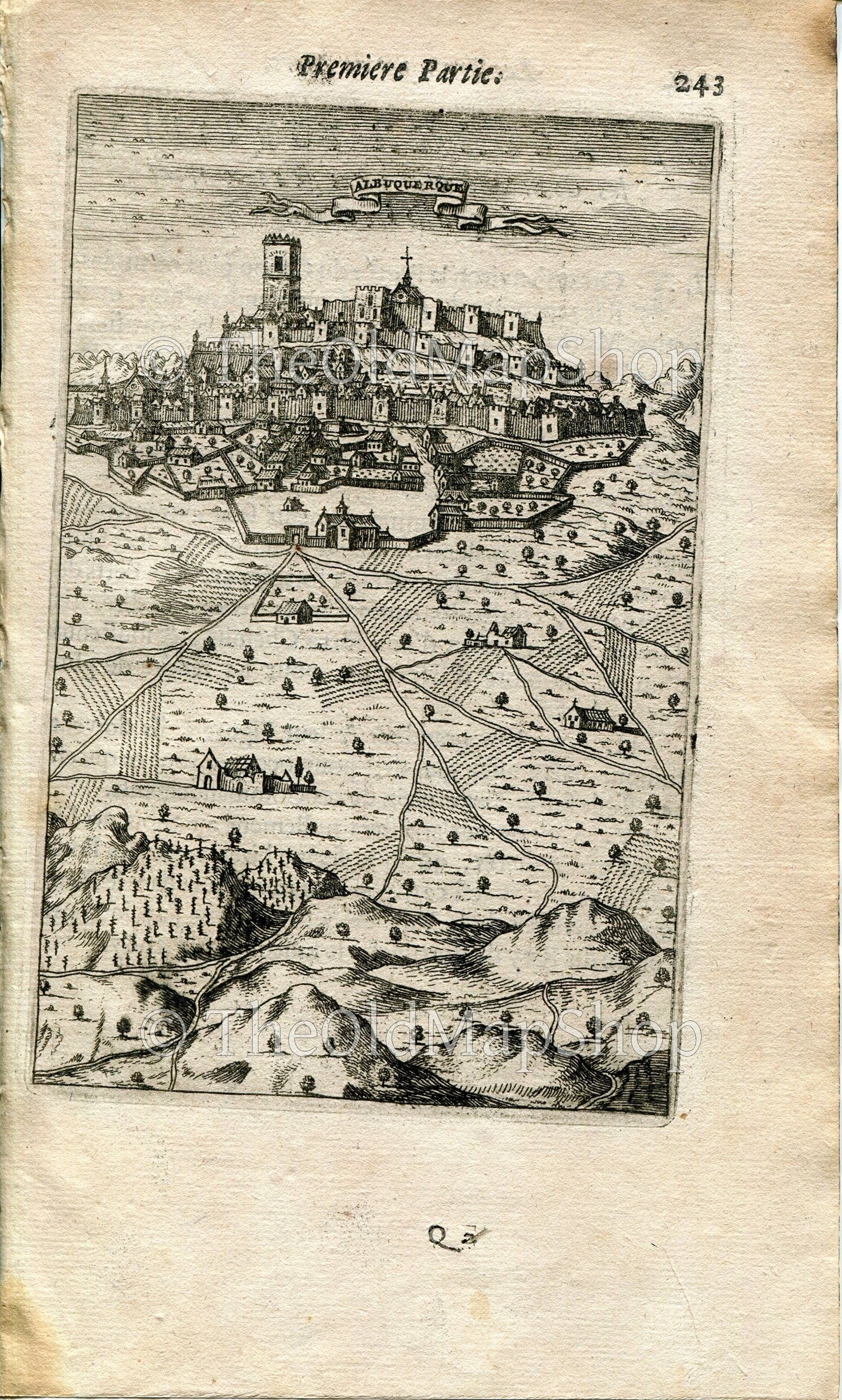 Alburquerque, Badajoz, Spain, Antique Print, Map, 1672 Manesson Mallet "Les Travaux De Mars" Bird's-eye View, not Albuquerque, New Mexico