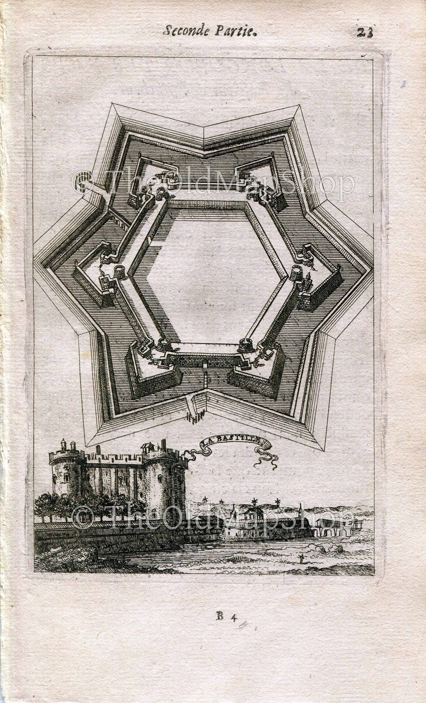 La Bastille, The Prison, Fort Plan, Map, Fortress, Paris, France Antique Print, 1672 Manesson Mallet "Les Travaux De Mars"