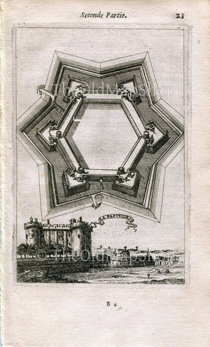 La Bastille, The Prison, Fort Plan, Map, Fortress, Paris, France Antique Print, 1672 Manesson Mallet "Les Travaux De Mars"
