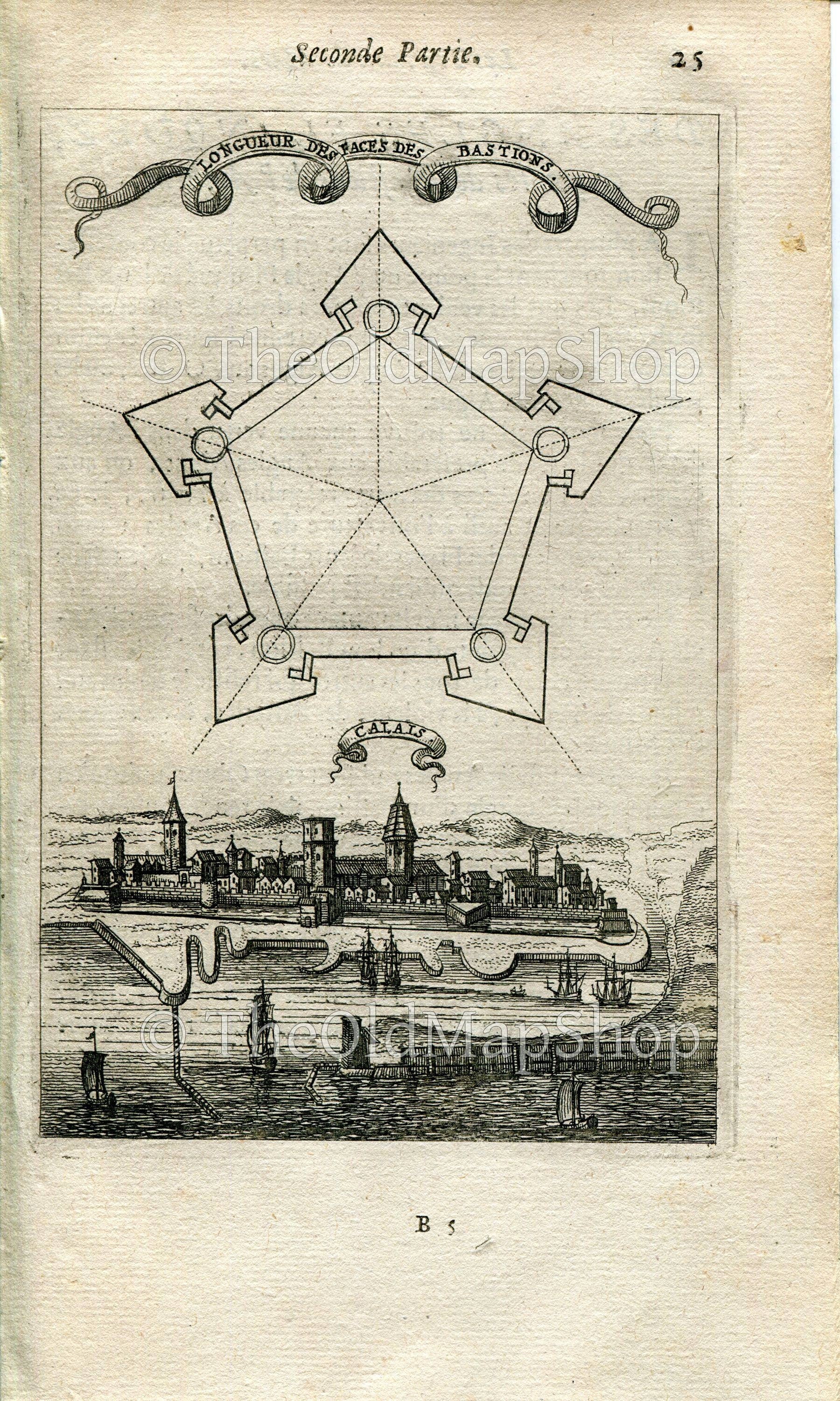 Calais, France Antique Print, Map, 1672 Manesson Mallet "Les Travaux De Mars" Engraving, Bird's-eye Perspective View