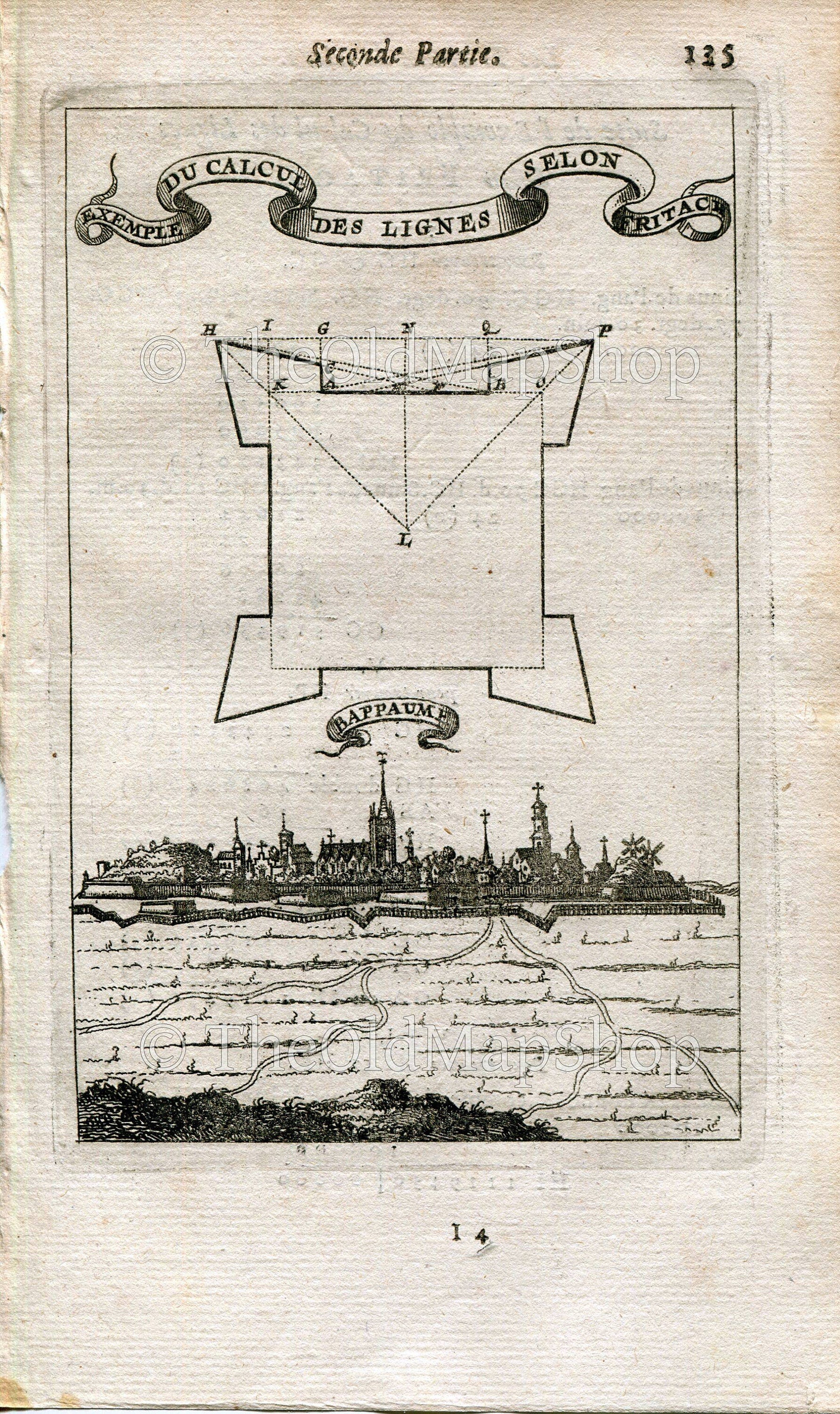 Bappaume, Bapaume, France Antique Print, Map, 1672 Manesson Mallet "Les Travaux De Mars" Engraving, Bird's-eye Perspective View
