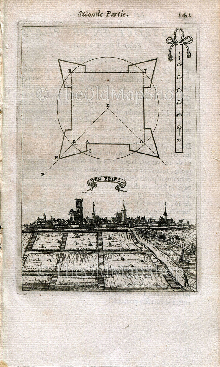 Den Briel, Brielle, Netherlands, Antique Print, Map, 1672 Manesson Mallet "Les Travaux De Mars" Engraving, Bird's-eye Perspective View