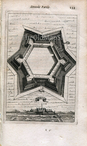 Fort Rebus, Belgium, Antique Print, Map, 1672 Manesson Mallet "Les Travaux De Mars" Engraving, Bird's-eye Perspective View