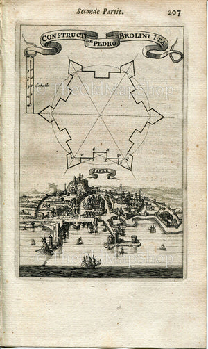 Naples, Napoli, Italy, Antique Print, Map, 1672 Manesson Mallet "Les Travaux De Mars" Engraving, Bird's-eye Perspective View