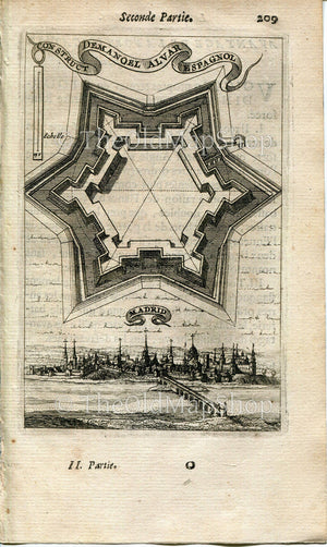 Madrid, Spain, Antique Print, Map, 1672 Manesson Mallet "Les Travaux De Mars" Engraving, Bird's-eye Perspective View