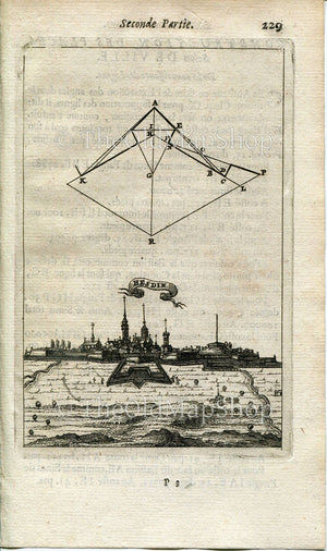 Hesdin, France, Antique Print, Map, 1672 Manesson Mallet "Les Travaux De Mars" Engraving, Bird's-eye Perspective View