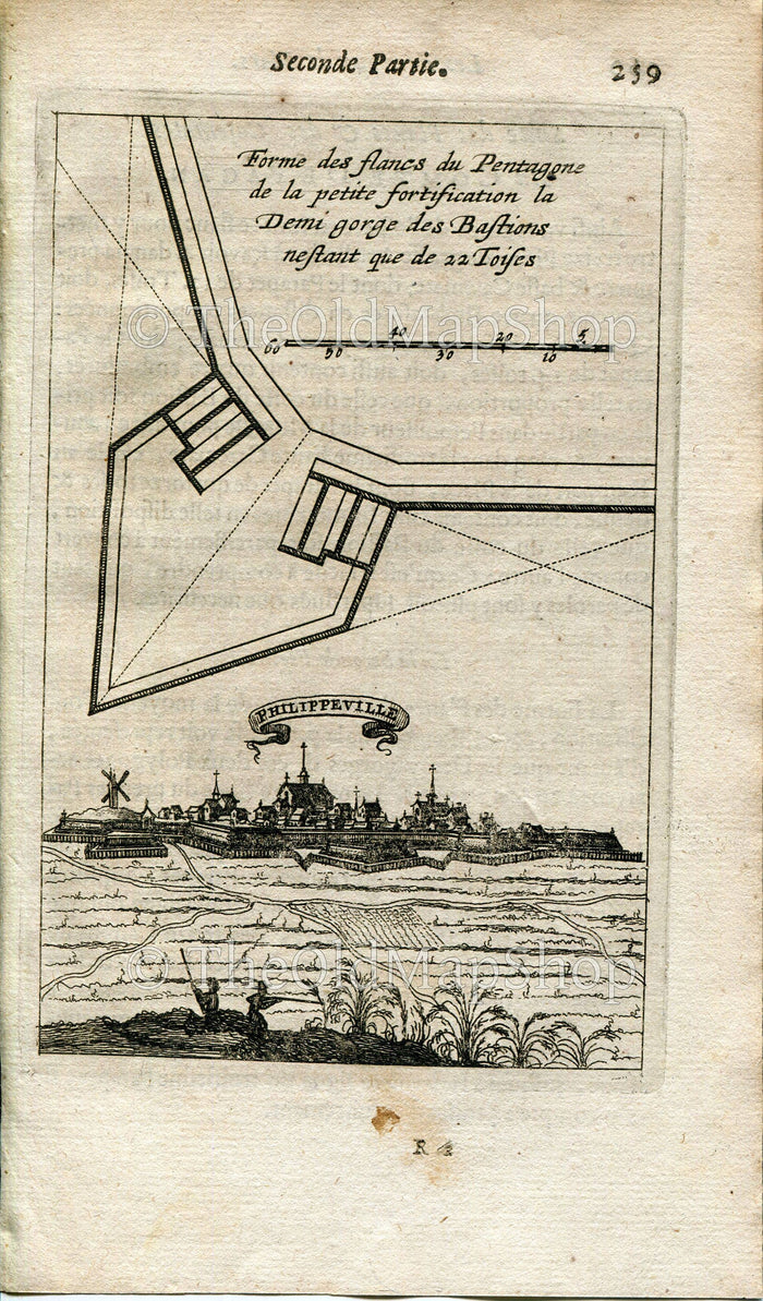 Philippeville, Belgium, Antique Print, Map, 1672 Manesson Mallet "Les Travaux De Mars" Engraving, Bird's-eye Perspective View
