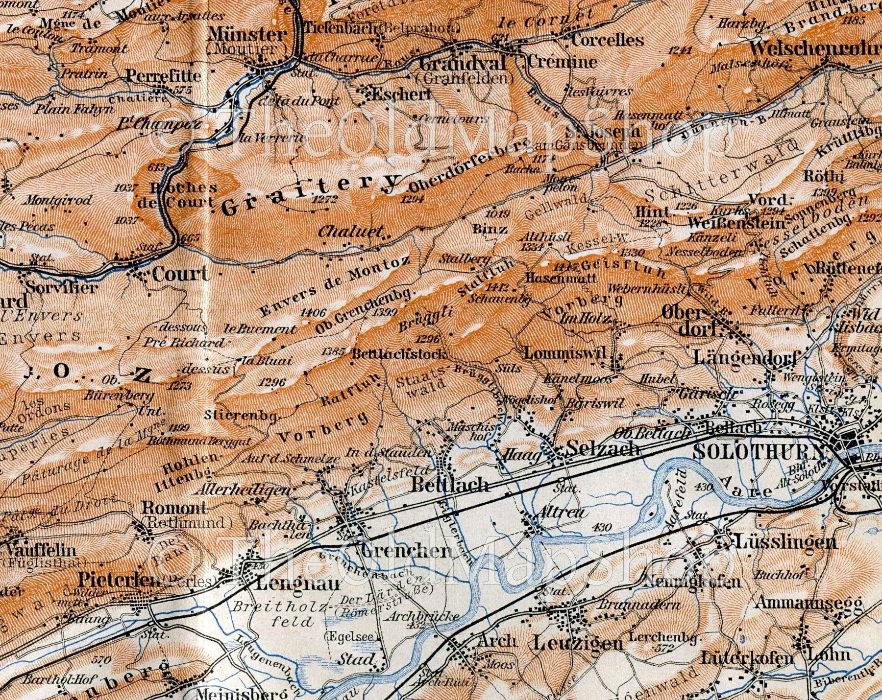 1899 Biel, Bienne, Solothurn, Grenchen, Tavannes, Reconviller, Eschert, Perrefitte, Switzerland Antique Baedeker Map, Print