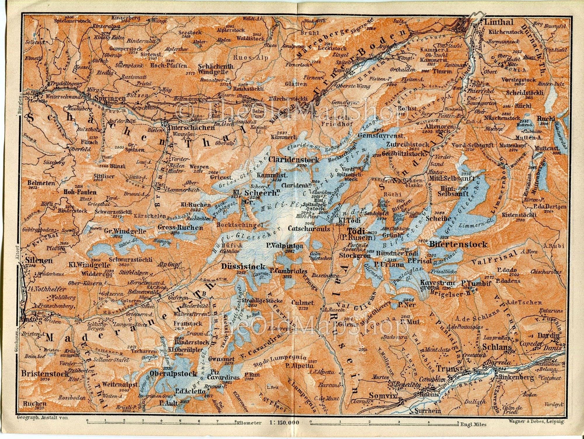 1899 Linthal, Schlans, Trun, Sumvitg, Bifertenstock, Oberalpstock, Spiringen, Switzerland Antique Baedeker Map, Print