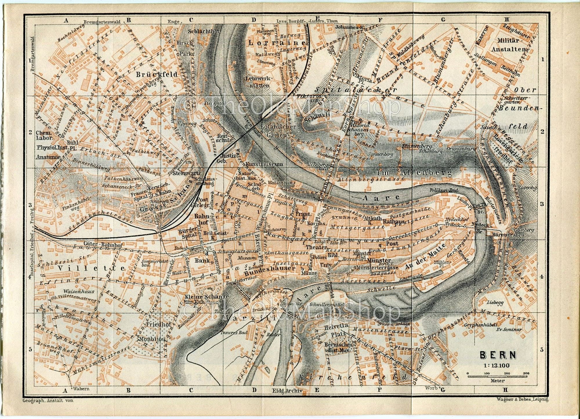 1899 Bern Switzerland, Antique Baedeker Map, Print