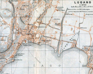 1899 Lugano Switzerland, Antique Baedeker Map, Print