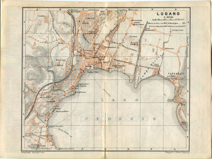 1899 Lugano Switzerland, Antique Baedeker Map, Print
