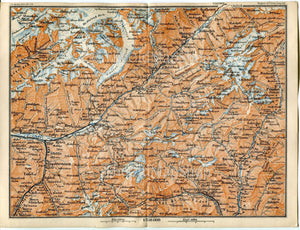 1899 Grachen, Stalden, Visp, Naters, Brig, Grengiols, Niederwald, Blitzingen, Switzerland, Antique Baedeker Map, Print