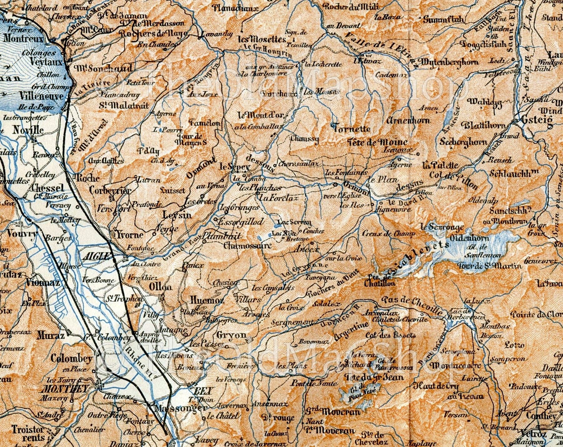 1899 Montreux, Bex, Saint-Maurice, Sion, Sierre, Saint-Luc, Lens, Switzerland, Antique Baedeker Map, Print