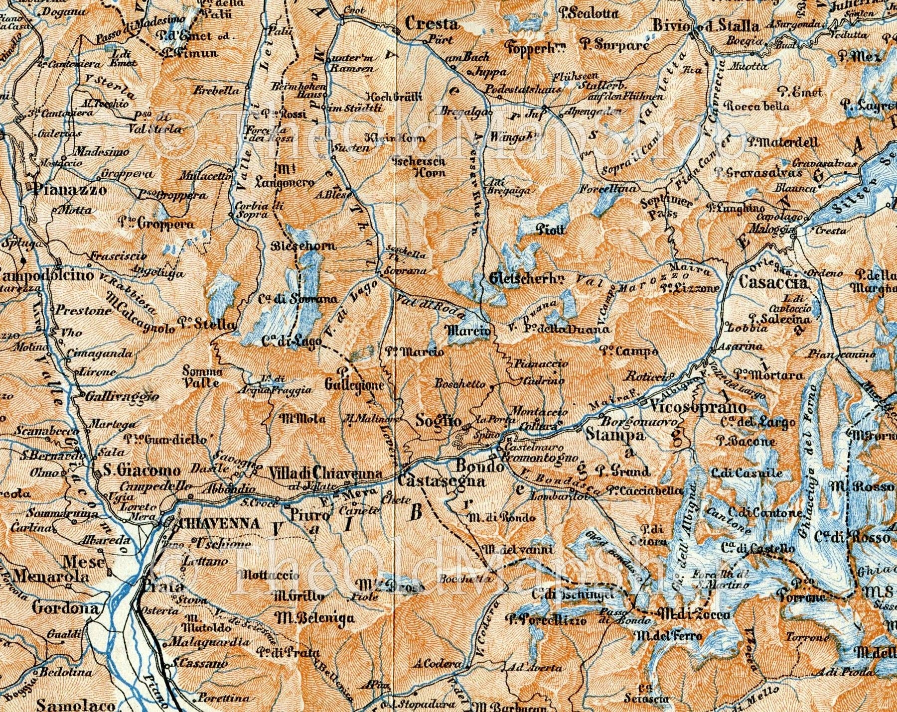 1899 Personico, Biasca, Rossa, Soazza, Mesocco, Chiavenna, Stampa, Casaccia, Maloja, Switzerland, Antique Baedeker Map, Print
