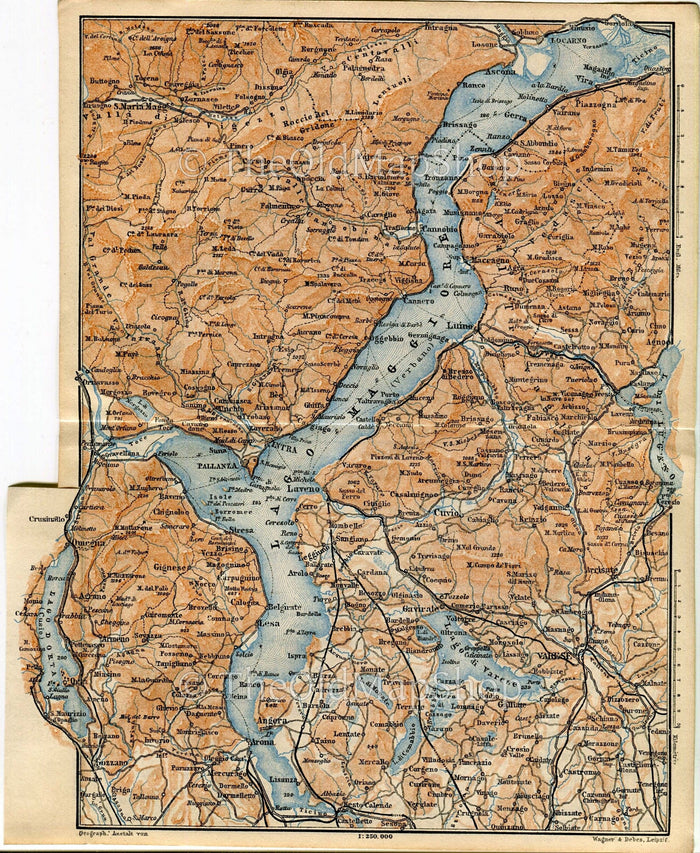 1899 Angera, Arona, Stresa, Baveno, Luino, Cannobio, Locarno, Agno, Lavena, Intra, Italy, Switzerland, Antique Baedeker Map, Print