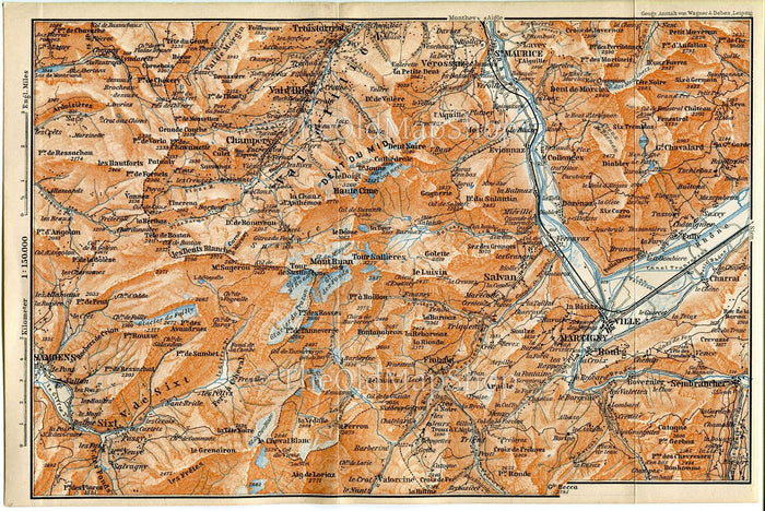1899 Champery, Samoens, Saint-Maurice, Salvan, Martigny, Fully, Trient, Vallorcine, Switzerland, Italy, Antique Baedeker Map, Print