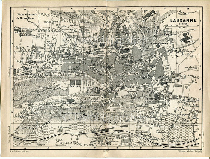 1899 Lausanne, Switzerland, Antique Baedeker Map, Town Plan, Print