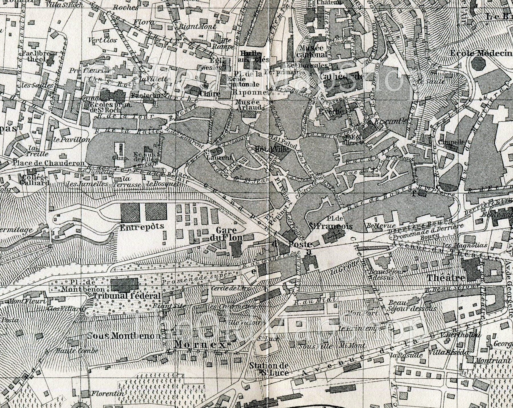 1899 Lausanne, Switzerland, Antique Baedeker Map, Town Plan, Print
