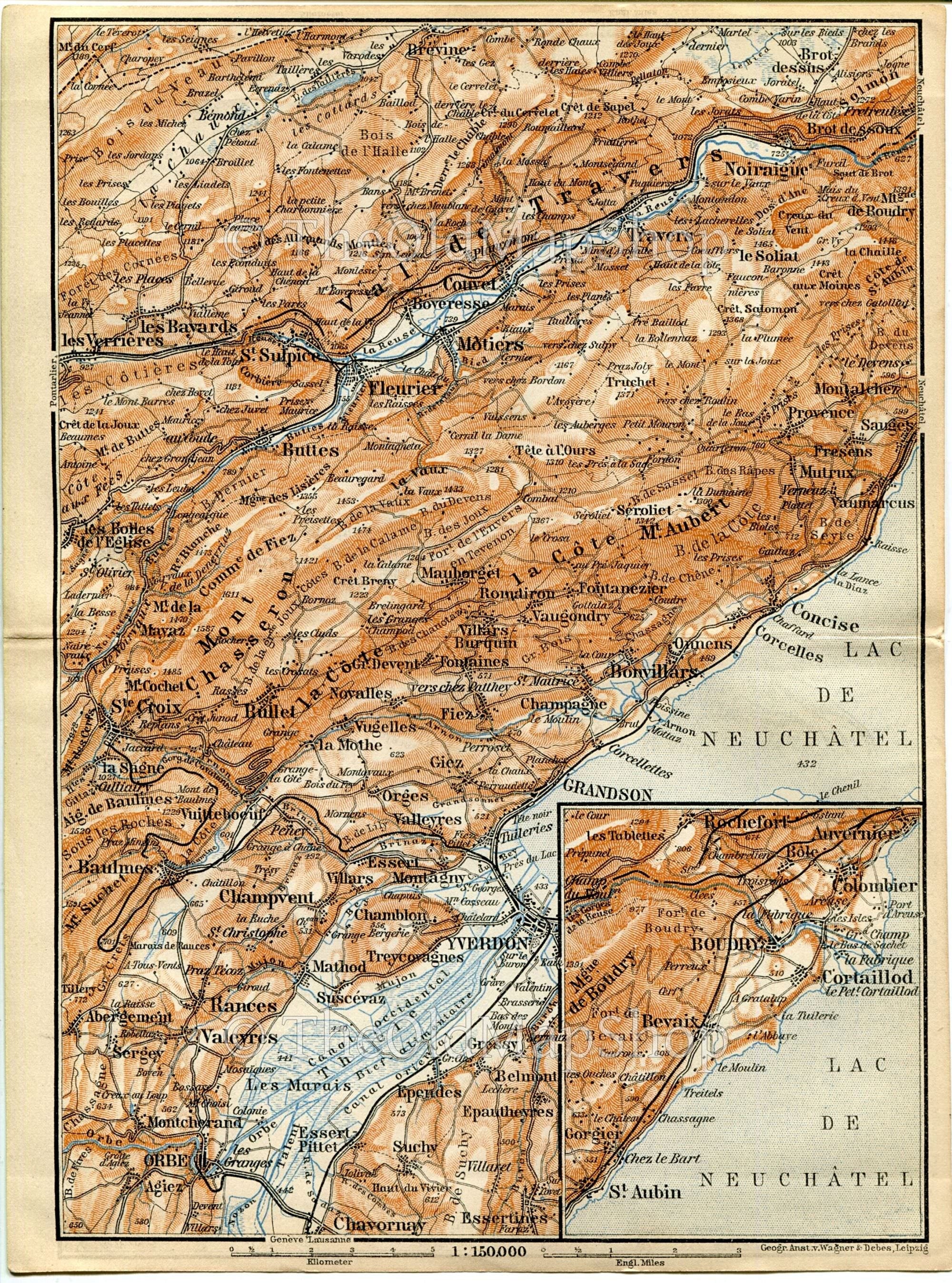 1899 Yverdon-Les-Bains, Sainte-Croix, Orges, Champagne, Concise, Fleuries, Couvet, Switzerland, Antique Baedeker Map, Print