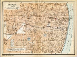 1899 St Louis, Missouri, United States, Town Plan, Antique Baedeker Map, Print