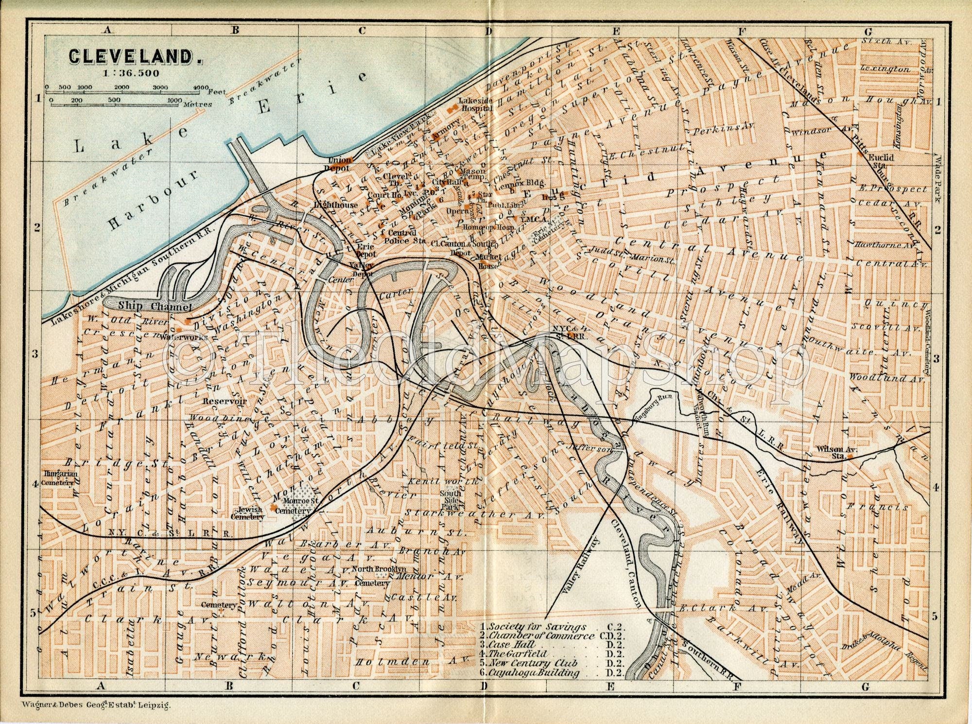 1899 Cleveland, Ohio, United States, Town Plan, Antique Baedeker Map, Print