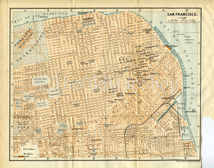 1899 San Francisco, California, United States, Town Plan, Antique Baedeker Map, Print
