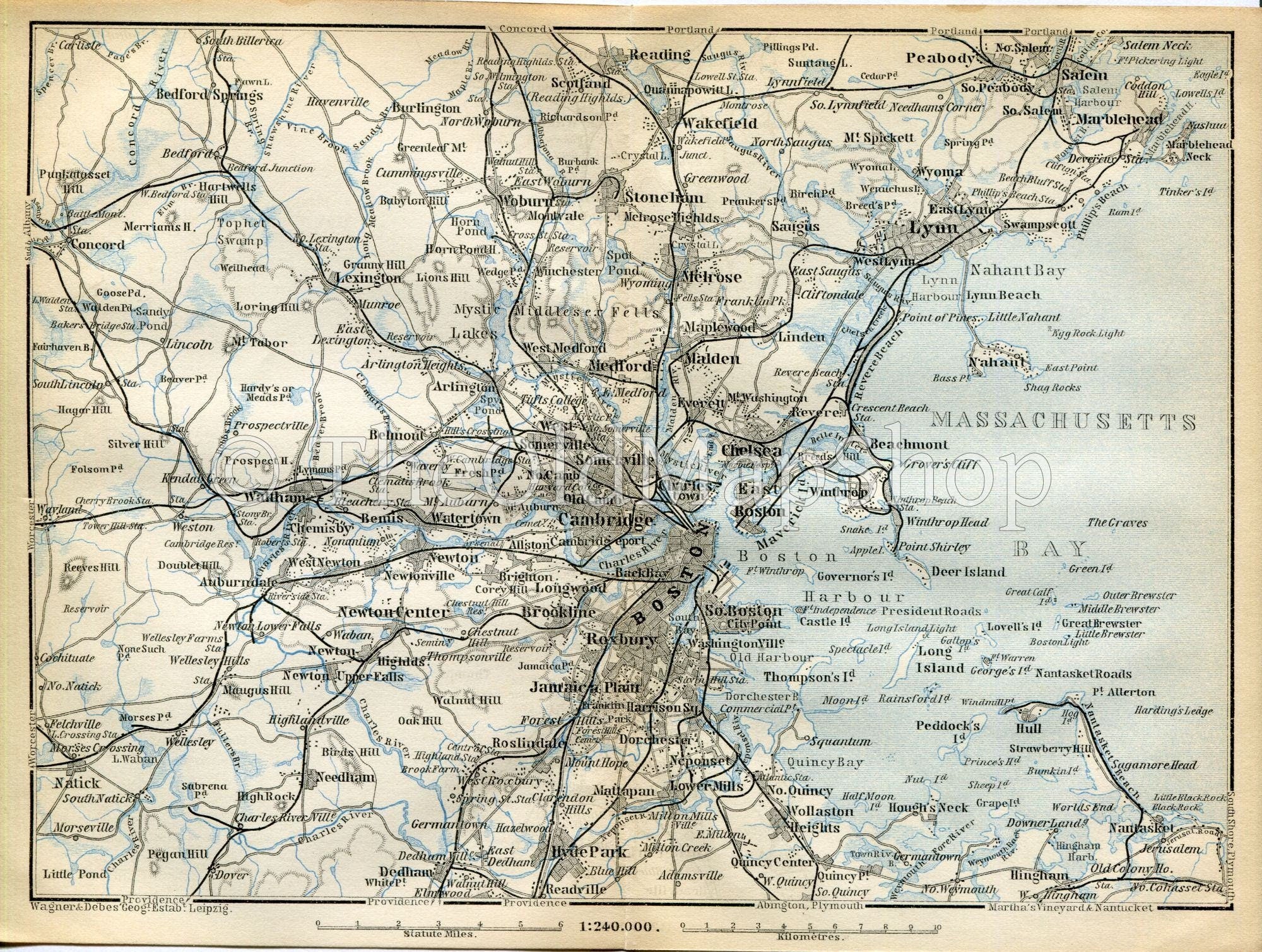 1899 Boston, Lynn, Marblehead, Quincy, Lexington, Kingham, Brookline, Wakefield, Salem, Massachusetts, Cambridge, Antique Baedeker Map