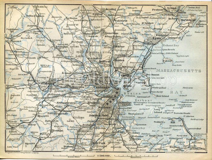 1899 Boston, Lynn, Marblehead, Quincy, Lexington, Kingham, Brookline, Wakefield, Salem, Massachusetts, Cambridge, Antique Baedeker Map