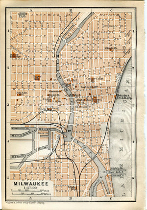 1899 Milwaukee, Wisconsin, United States, Antique Baedeker Map, Print